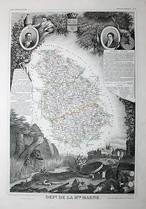 "Dept. De la Haute Marne" originale grenzkolorierte Stahlstich-Karte ca.40x28cm (Darstellung/imag...