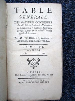 Table Generale Des Matieres Contenues dans l'Histoire & les Mémoires de l ' Académie Royale des S...