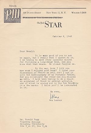 TYPED LETTER TO HAROLD RUGG SIGNED BY MAX LERNER. Together with 2 pages of Rugg's autograph notes...