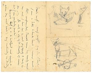 Autograph letter written in ink, with two pencil sketches, signed with his butterfly monogram.