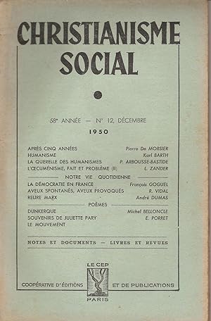 CHRISTIANISME SOCIAL 58e Année ¿ N° 12 Décembre 1950