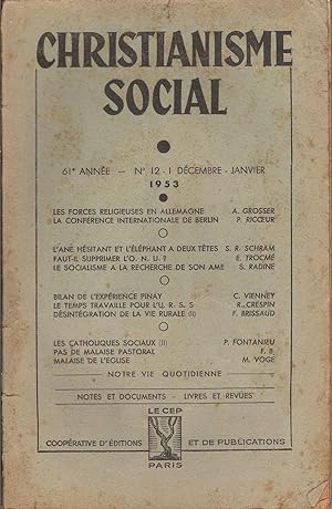 CHRISTIANISME SOCIAL 61e Année ¿ N° 12-1 Décembre (1952) ¿ Janvier 1953