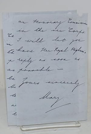 [Four-page letter written by Princess Mary on Harewood House stationery about an honorary commiss...