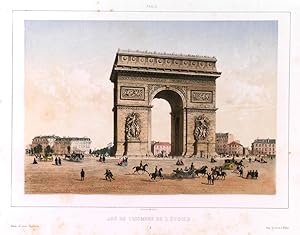 ARC DE TRIOMPHE DE LÉTOILE. View of the Arc de Triomphe in Paris with horses and carriages. Fu...