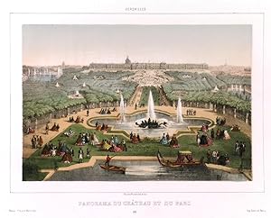 PANORAMA DU CHÂTEAU ET DU PARC. View of distant Versailles from the fountains in the park. Full...