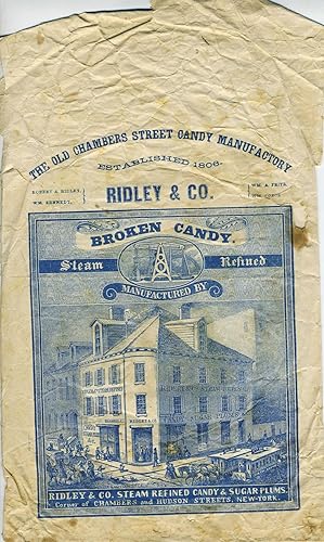 Ridley & Co. candy packaging with engraving of the original store at Chambers & Hudson Streets, N...