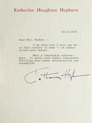 Typed letter, signed "Katharine Hepburn," To Mrs. [Isabel Leighton] Bunker