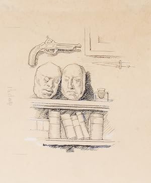 ORIGINAL pen illustration, picturing book shelf with two masks above and pistol hanging on the wall