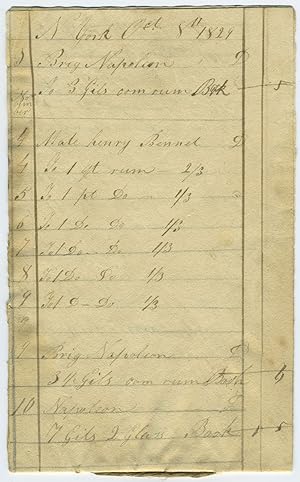 1829 New York City Rum Merchant ledger: sales of rum to brig "Napoleon"