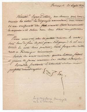 Lettera con firma autografa, datata Firenze 21 luglio 1832, indirizzata al dottor Giovanni Battis...