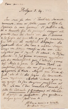 Lettera autografa firmata, datata 3 agosto 1862 - Bologna, inviata al commediografo Giovanni Sabb...