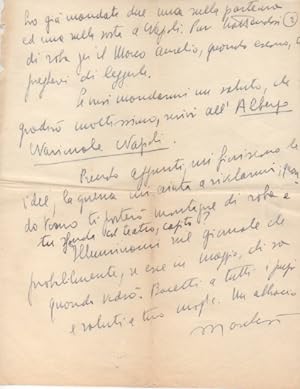 Lettera autografa firmata, datata 26 aprile 1942 - Napoli, inviata al giornalista e amico Giovann...
