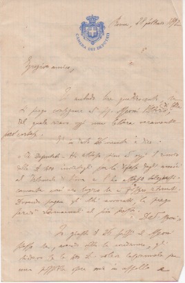 Lettera autografa firmata, datata 28 febbraio 1892 - Roma, inviata allamico Sangiorgi - Poggibonsi.