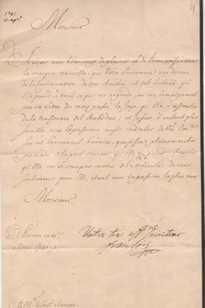 Lettera con annotazione e firma autografa, datata 11 aprile 1741 - Vienna, inviata al cardinale C...