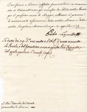 Lettera con firma autografa, datata 21 aprile 1778, inviata al marchese Bourbon Del Monte, Govern...