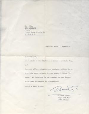 Lettera dattiloscritta con firma autografa inviata al poeta e giornalista Enzo Fabiani. Datata 11...