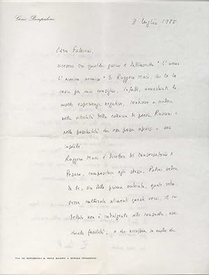 Lettera autografa firmata inviata al poeta e giornalista Enzo Fabiani. Datata 8 luglio 1985