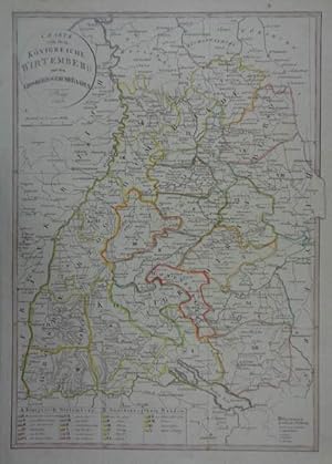 Charte von dem Königreiche Wirtemberg, und dem Grosherzogthume Baaden. Grenzkolorierte Kupferstic...