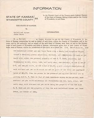 1920 TYPEWRITTEN ARREST REPORT, STATE OF KANSAS VS. McCLELLAND FARMER AND JESSE OWNES