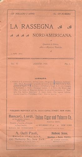 RASSEGNA (LA) nord-americana. Quaderni di critica. Arte e nozioni pratiche. Vol. VI. Agosto 1900....