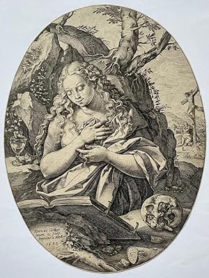 Antique print, engraving | Penitent Mary Magdalene with skull, published 1582, 1 p.