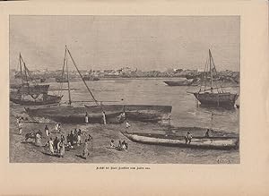 Orig Holzstich Ansicht der Stadt Sansibar vom Hafen aus - Kolonien