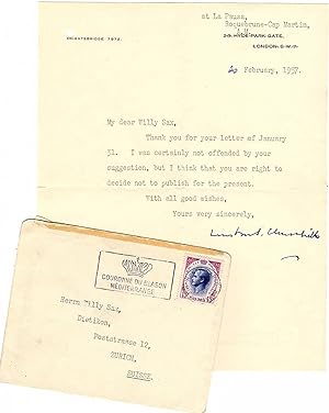 20 February 1957 typed signed letter from Churchill to his friend and paint supplier, Willy Sax, ...