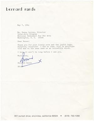 Typed letter signed "Bernard" to the noted music administrator and author Renée Levine Packer