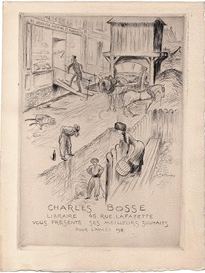 Carte de voeux eau-forte librairie antiquaire Charles Bosse Paris 1911