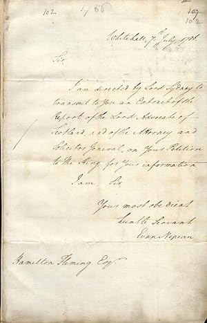 Original manuscript letter to Hamilton Fleming, signed by Under-Secretary Evan Nepean