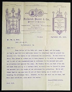 Letterhead of Frederick Pustet & Co., Publishers and Booksellers, New York, with letter re: overd...