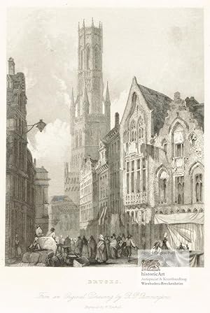 Bruges. From an Original Drawing by R.P. Bonnington. Lebhaftes Markttreiben in der Innenstadt von...