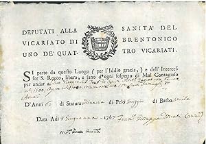 Passaporto originale : Deputati alla sanita' del vicariato di Brentonico uno de' quattro vicariat...