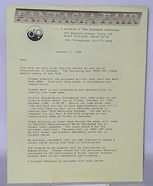 Fantasia Fair. a program of The Outreach Institute [letter] October 1, 1992