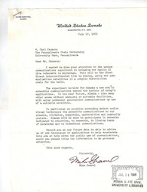 Typed Letter Signed on Senate Letterhead About Bringing Apollo 11 Live Telecasts to Alaska