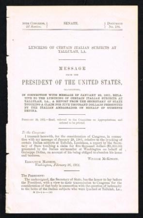 Lynching of certain Italian subjects at Tallulah, La. : message from the President of the United ...