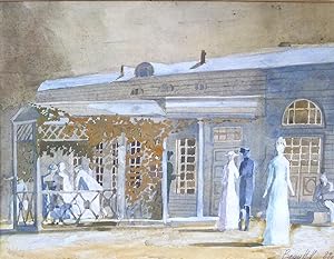 Two gouache set designs for "Uncle Vanya",depicting the exterior of a house seen from different a...