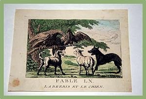 Gravure début XIXème siècle coloriée. FABLE LX. La brebis et le chien.