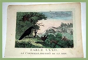 Gravure début XIXème siècle coloriée. FABLE LXXII. La Corneille, pressée de la soif.