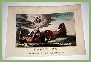 Gravure début XIXème siècle coloriée. FABLE CX. Hercule et le charretier.