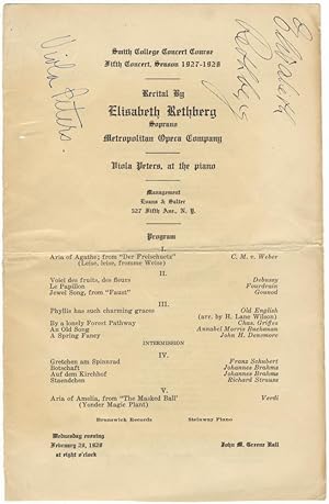 Signed program for a recital of songs and arias by Weber, Debussy, Schubert, R. Strauss, Verdi, a...