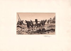 Original Pencil Signed Etching Hauling By the Capstan, Normandie, by Stephen Parrish by Alphonese...