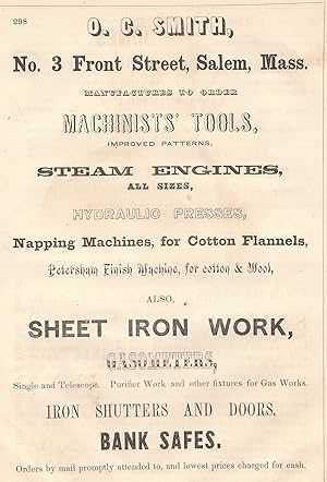 Original 1853 Vintage Full Page Ad for Salem Mass. Tool Maker O. C. Smith