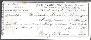 An Original 1867 Income Tax Receipt for Alexander Graves Newburyport, Ma Scribners