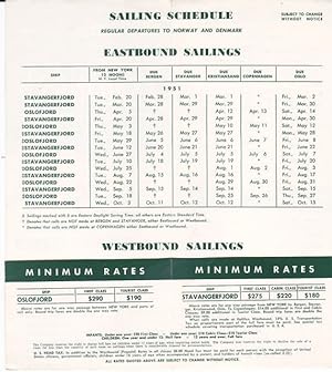Original 1951 Eastbound Sailing Schedule for the M. S. Oslofjord and S. S. Stavangerfjord