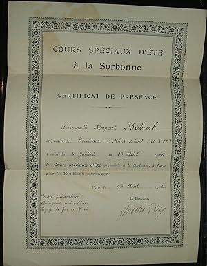 1926 Certificate from Sorbonne School in Paris France, Rhode Island Genealogy