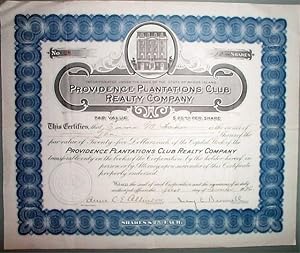 Original 1926 Providence Plantations Club Realty Co. Stock Certificate