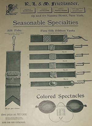 1893 Illustrated Advertisement for R. L. & M Friedlander Jewelers , Watch Fobs