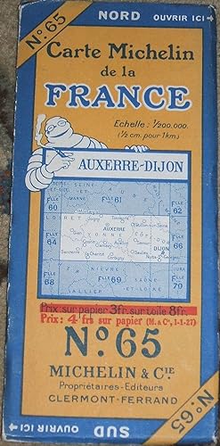 Large 1920's French Auto Travel Map by Michelin & Co. "Carte Michelin De La France Auxerre Dijon ...