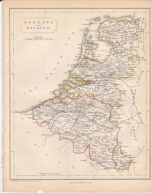 Original 1848 Engraved Map of Holland and Belgium with Hand Colored Outlines
